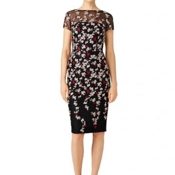 NWT David Meister Falling Petal Floral Embroidered Sheath Mini Dress Black Multi - Picture 1 of 8